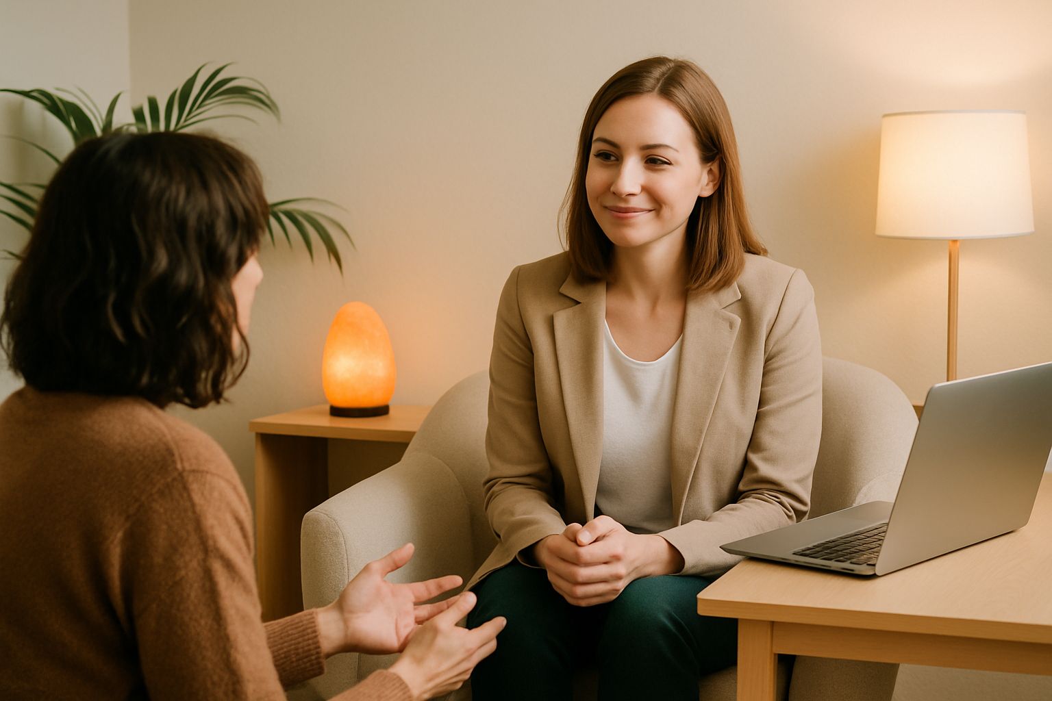 Sessione di counseling online: due persone dialogano in un ambiente accogliente e luminoso, con un computer portatile